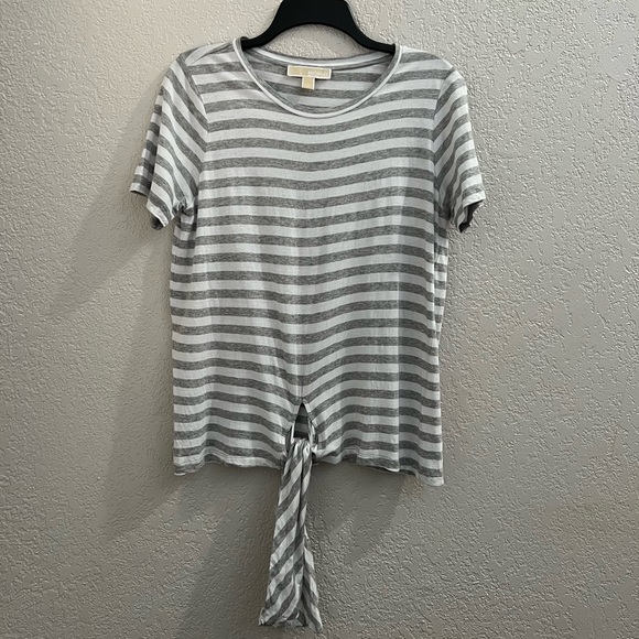 MICHAEL KORS Gray White Stripe  Front tie Tops Casual Shirt Large - Picture 2 of 8